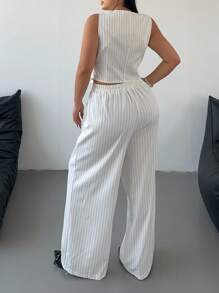 POPSWAY Plus Size Asymmetrical Hem Blouse And Straight-Leg Pants 2 Pieces Set - Black and White - View 4