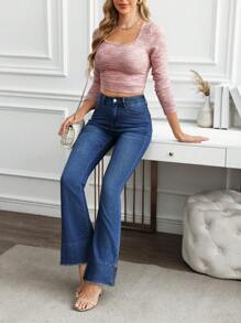 SHEIN Essnce Jeans de mezclilla casual para mujer, simple y con estilo para uso diario - Azul - Ver 5