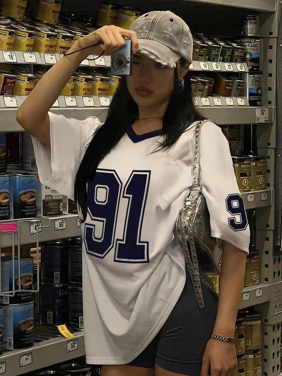 INAWLY Women's Summer Number Print V-Neck Short Sleeve Casual T-Shirt Graphic Tees Women Tops - Navy Blue - View 1