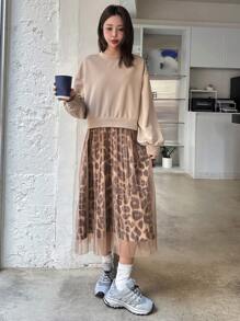 DAZY Leopard Print Mesh Patchwork Loose Mid-Length Dress For Women Cheetah Print,Fall Clothes