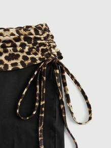 ROMWE Spring/Summer 2pcs/Set Plus Size Women Rhinestone Letter & Leopard Print Strapless Tube Drawstring Top And Pants Sexy Outfit, For Summer - Black - View 3
