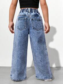 SHEIN Explorewe Girls Light Wash Casual Jeans, Simple Design With Side Split Hem, Wide Leg - Medium Wash - View 2
