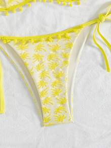 SHEIN Swim 女士黄色特殊针织椰子棕榈图案可爱 Pom Pom 点缀比基尼泳装套装，适合夏季海滩度假 - 黃色 - 查看 3