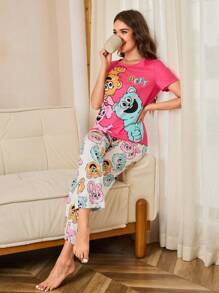 SHEIN 2 peças Conjunto de Pijama feminino com Estampa de Monstro Fofo, Top e Calça, Conjunto de Roupa de Estar em Casa Casual - Rosa chiclete - Visão 5