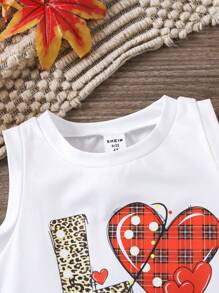 Young Girl Fashion Sleeveless Love & Heart Print Casual Tank Top, Summer