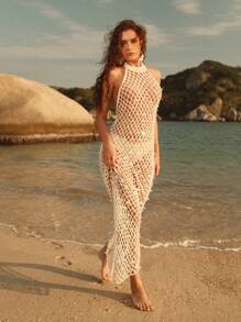 Anewsta Women's Casual Minimalist Style See-Through Beach Halter Cover Up Dress, For Summer Vacation - Multicolor - View 7