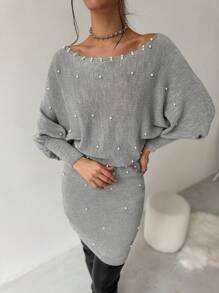 Firerie Women Elegant Gray Autumn Faux Pearl Sweater Dress,Batwing Sleeve Winter Clothes For Christmas Party,Business Commuting New Years Outfit,Brunch Dress - Light Grey - View 7