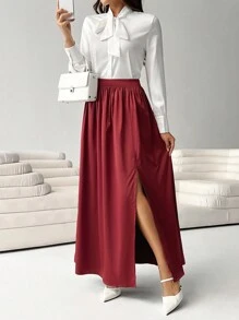 SHEIN Clasi 女士纯色褶皱开衩简约 A 字裙，休闲日常穿着 - 酒紅色 - 查看 4