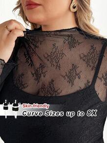 SHEIN CURVE+ Plus Size Floral Lace Sheer Top Without Bra,Valentine's Day,Valentines,Rose,Heart,Polka Dot,Love,Lip,Cupid,3D Flower