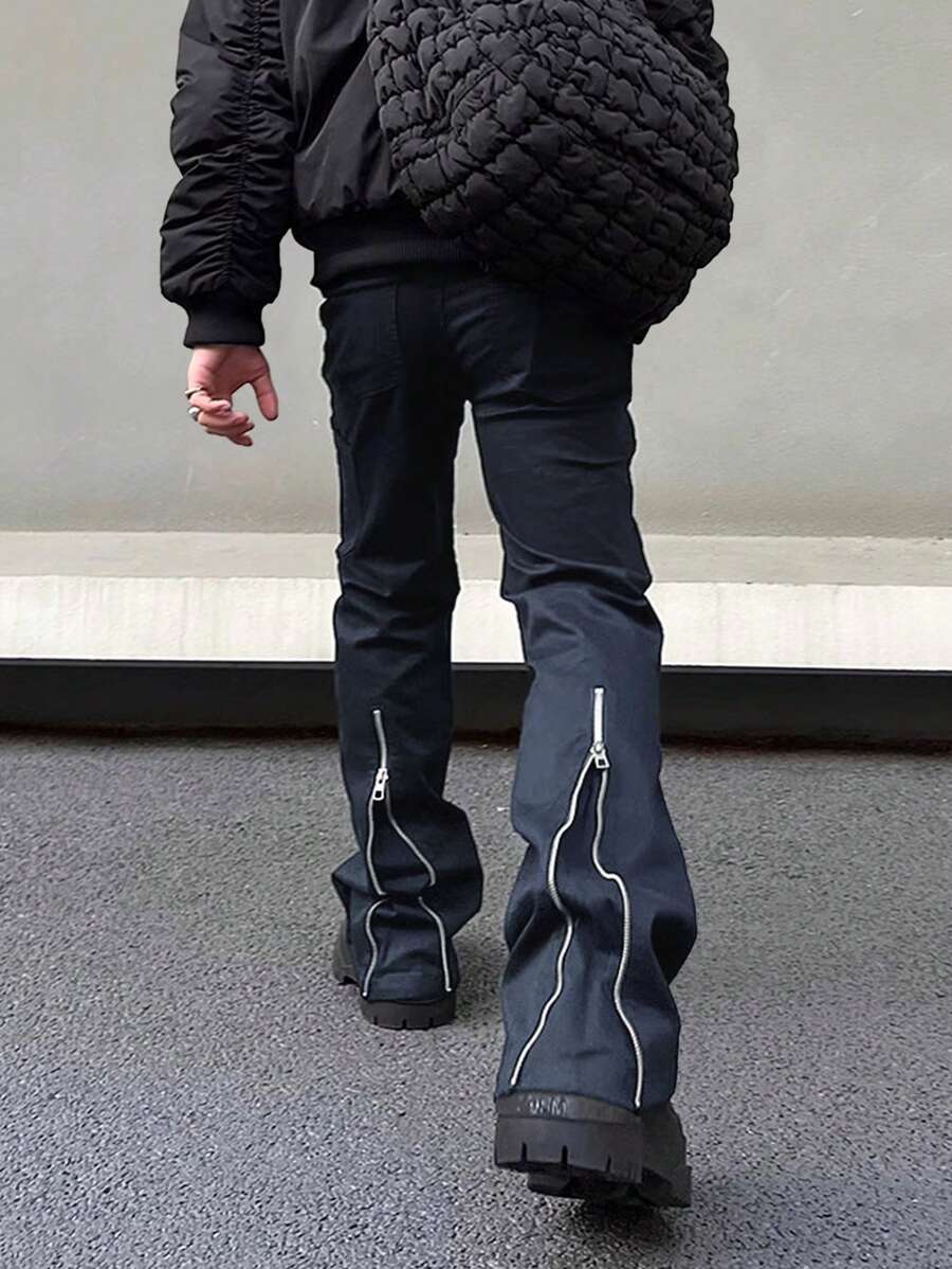 Manfinity Roghcode Men's Zipper Design Flare Leg Casual Pants - Navy Blue - View 1