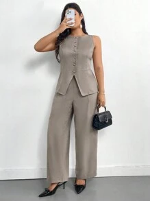 Firerie Plus Size Women's New Commuter Fake Pocket Decor Boat Neck Khaki Valentine Suit Vest Open Front Jacket & Suit Pants 2 Pieces Set