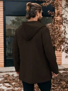 Manfinity Homme 男士冬季纯色双排扣连帽羊毛混纺大衣，男友礼物，秋季男装，灰色大衣 - 咖啡棕 - 查看 2