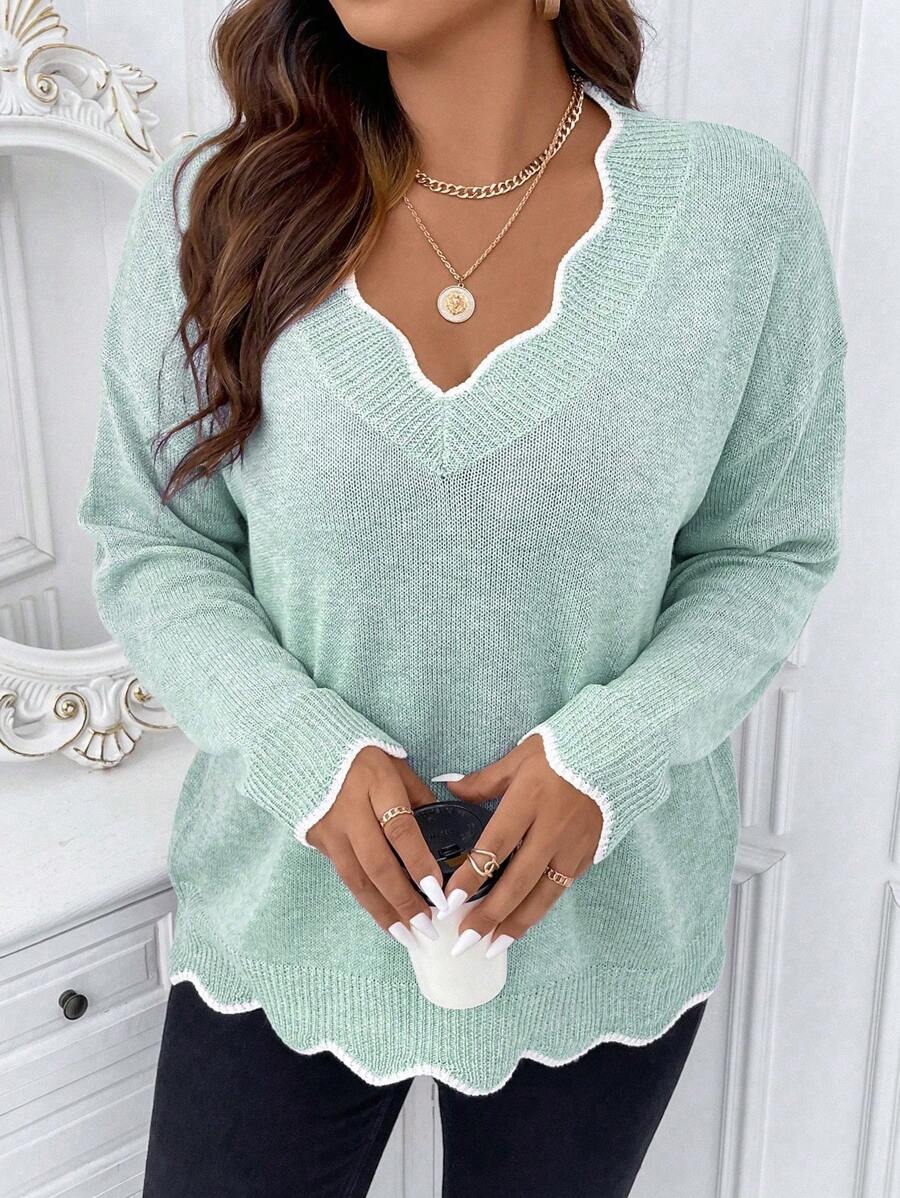 Calvaya Plus Scallop Trim Drop Shoulder Sweater, For Winter Knit Pullover Fall Sweater - Baby Blue - View 1