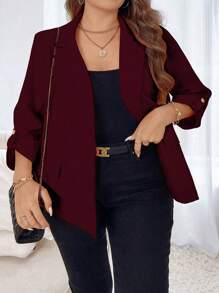 SHEIN Unity Plus Size Solid Color Rolled Sleeve Blazer Graduation,Back To School,Teacher Outfits For Women Fall Cloth For Women Autumn - Burgundy - View 3
