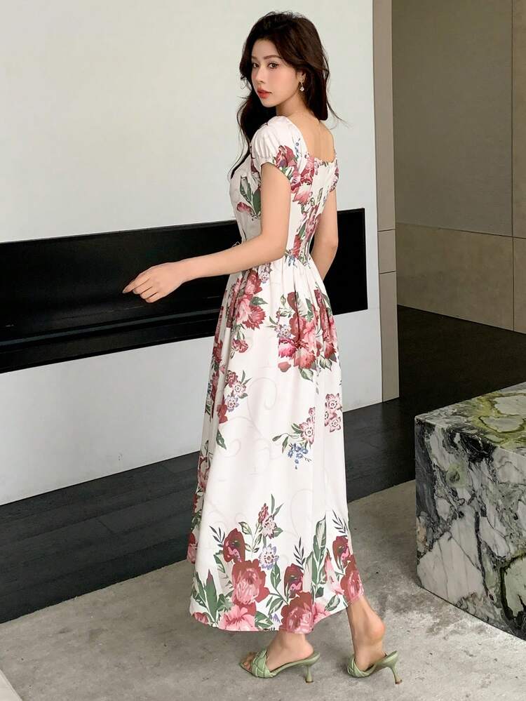Women's Mid-Length Floral Off-Shoulder Dress, Valentine's Day,Ruffle Maxi Dress Boho