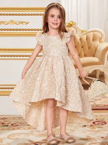 SHEIN Young Girl Jacquard Ruffle Trim Chiffon Dress - Apricot - View 1