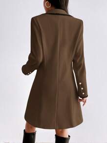 SHEIN Privé Women's Casual Two-Row Button Contrasting Trim Woolen Coat, Autumn/Winter - Coffee Brown - View 2