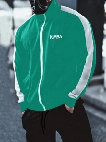 Manfinity Sport Corelite 男士纯色拉链前撞色拼接休闲运动夹克，简约设计 - 綠色 - 查看 3