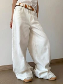 DAZY 女士休闲宽松阔腿牛仔裤，带口袋，百搭，宽松牛仔裤 - 白色 - 查看 4