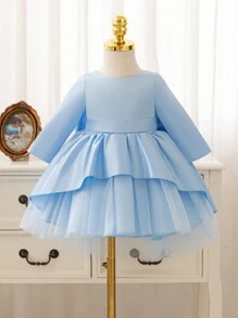 SHEIN Glamorique Kids 圣诞公主女童礼服派对礼服，女婴长袖缎面蝴蝶结礼服，网纱泡泡裙，秋冬新款，适合万圣节 - 藍色 - 查看 2