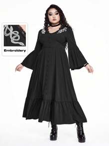 ROMWE Goth 女式深 V 领撞色蕾丝蛇皮印花刺绣喇叭袖连衣裙