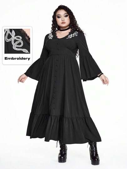 Goth Damen Kleid mit tiefem V-Ausschnitt, Kontrast-Spitze, Schlangenhaut-Muster und Stickerei, Glockenärmel