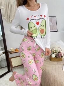 Women Avocado Pattern Print Long Sleeve Loungewear Set, Includes Blouse & Pants