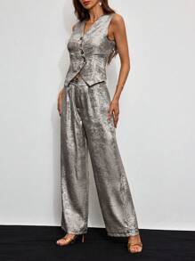 SHEIN Clasi Asymmetrische metalen stoffen damesvest en broekpakset met knoopsluiting