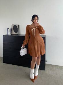 POPSWAY Vestido informal de suéter con cuello de barco y cordón, estilo línea A para otoño/invierno