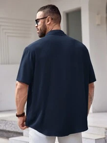 EASEVO Plus Size Woven Casual Short Sleeve Blue Shirt - Navy Blue - View 2
