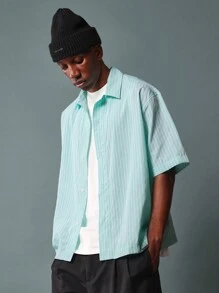 SUMWON Lucky Charm Mint Green Striped Casual Button Down Short Sleeve Shirt With Designer Text Print Statement Back St Patricks Day Party Streetwear