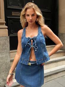 Forever 21 Áo denim không tay thường ngày cho nữ có dây buộc phía trước và viền xẻ - Màu xanh lam - Xem 4