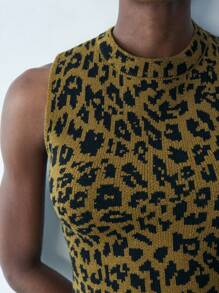 Maija Women's Autumn/Winter Sleeveless Fitted Leopard Print Knit Top,Hippie