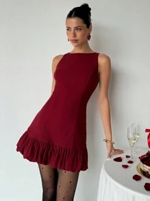 Aloruh 女士优雅圆领无袖紧身勃艮第红超迷你荷叶边红色荷叶边下摆连衣裙，适合情人节 - 酒紅色 - 查看 4
