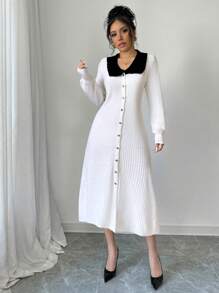 Chiquease Nuevo vestido de punto con mangas abullonadas, ajustado y de longitud media, con volantes y bloques de color, para damas - Blanco - Ver 3