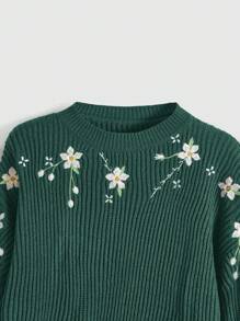 ROMWE Fairycore Women Floral Embroidered Crew Neck Long Sleeve Casual Pullover Sweater
