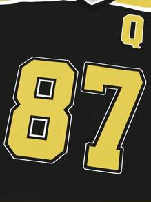 Manfinity Hypemode Sudadera de manga larga cuello en V informal con rayas numéricas para hombre, otoño/invierno