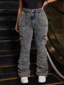 SHEIN ICON Quần Jeans Ống Loe Xếp Ly Túi Hộp Size Lớn Cho Nữ Thường Ngày - Màu xanh lam - Xem 4