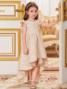 SHEIN Young Girl Jacquard Ruffle Trim Chiffon Dress - Apricot - View 3