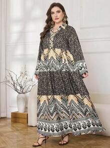 Lacomfia Vestido elegante entallado en la cintura con estampado, talla grande, discreto - Multicolor - Ver 6