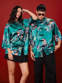 Manfinity Unisex Áo sơ mi lụa nhân tạo in họa tiết toàn thân dáng rộng, mật độ cao, cổ đứng, tay 3/4, dáng rộng cho cả nam và nữ - Nhiều màu - Xem 4