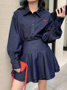 DAZY Women's Casual Denim Shirt & Skirt Suit, Simple & Fashionable For Everyday Wear - Dark Wash - View 2