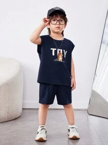 SHEIN Ensemble 2 pièces en tricot pour jeune garçon, style coréen décontracté, avec haut à imprimé animal et lettres, et short unicolore avec poche - Bleu marine - Voir 7