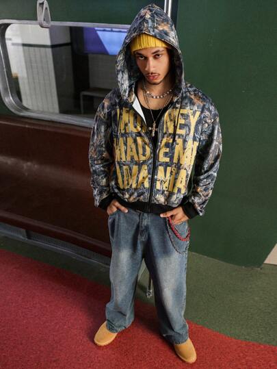 PAVTROS Manfinity Streetrush Manfinity Streetrush Men's Autumn Letter Print Zip Front Hooded Sweatshirt