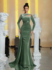 Glamrae Velvet & Mesh Gradient Beaded Mermaid Hem Trailing Formal Gown For Evening Party, Wedding Guest Dress - Green - View 4