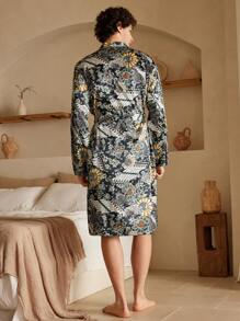 Manfinity ChillVibe Men's Plant Print Long Sleeve Long Casual Robe - Multicolor - View 2