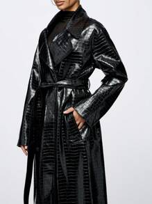 SUMWON WOMEN Luxury Patent Embossed Faux Leather Full Length Maxi Trench Coat Fall Winter Classic Double Breasted Belted Designer High Fashion Outerwear - Black - View 4