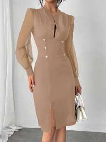 Elenzga Vestido elegante para commuter con mangas abullonadas de malla
