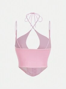 SHEIN Sweetina White Corset Hook And Eye Front Mesh Insert Cami Top - Pink - View 2