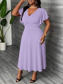 Slaydiva Plus Size Elegant & Party & Daily Wear A-Line Flared Dress, Cross V Neck, Ruched, Ruffle Sleeve, Midi Length, Women, Spring Summer - Mauve Purple - View 5